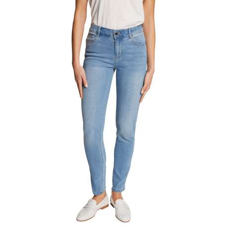 Jean en coton mélangé bleu délavé avec une coupe slim et surpiqûres beiges - Image 5