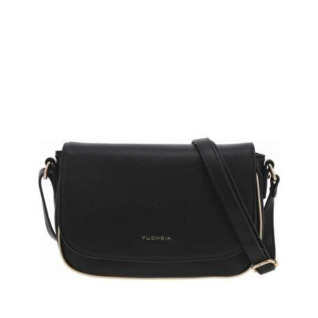Sac à bandoulière noir uni grainé avec liseré doré et rabat avec pression
