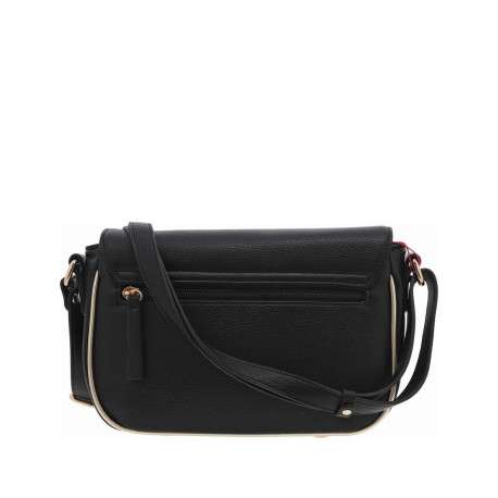 Sac à bandoulière noir uni grainé avec liseré doré et rabat avec pression - Image 3