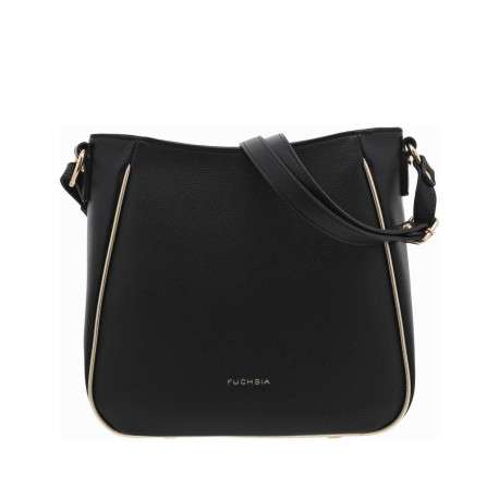 Sac à main porté épaule noir uni grainé avec liseré doré et marque dorée