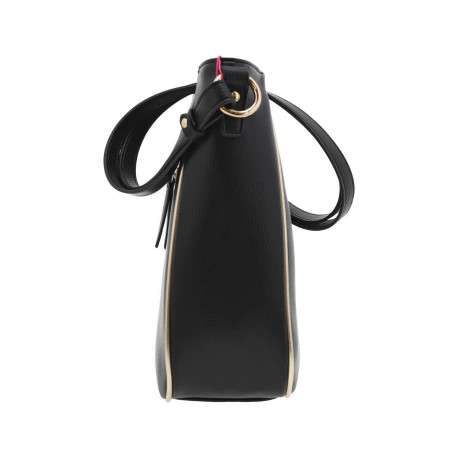 Sac à main porté épaule noir uni grainé avec liseré doré et marque dorée - Image 2
