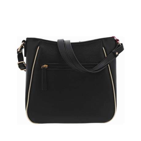 Sac à main porté épaule noir uni grainé avec liseré doré et marque dorée - Image 3