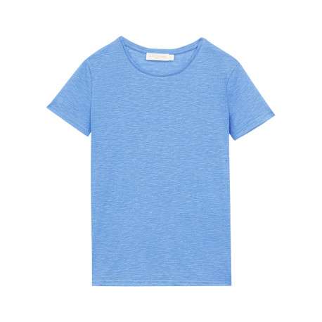 T-shirt bleu pailleté à coupe droite avec col rond et manches courtes