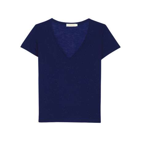T-shirt bleu marine pailleté à coupe droite avec manches courtes et col v