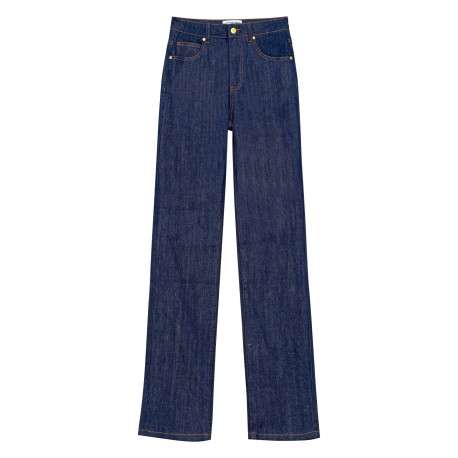 Jean 5 poches 7/8 en coton bleu indigo à coupe droite et surpiqûres orange