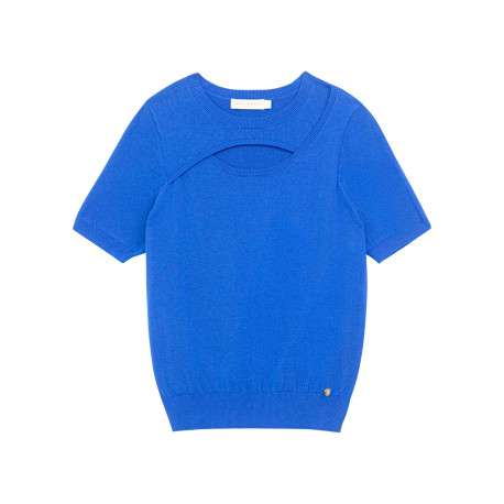 Pull en coton bleu uni en maille fine avec un col rond et des manches courtes