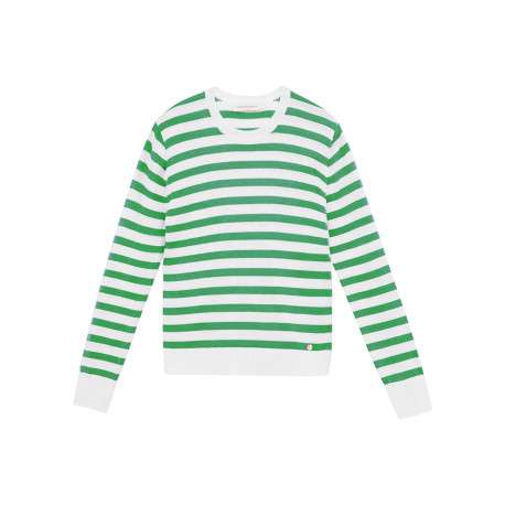 Pull blanc à rayures vertes avec une coupe droite et un col rond