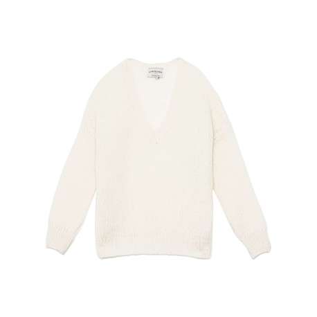 Pull écru en maille ajourée à coupe droite avec un col v et des manches longues