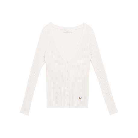 Gilet écru en maille côtelée à coupe ajustée avec col v et boutons blancs