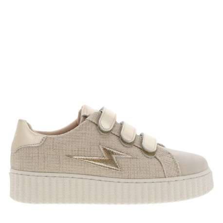 Tennis beige à semelle creepers écrue avec 3 bandes auto-agrippante dorées - Image 4