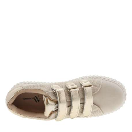 Tennis beige à semelle creepers écrue avec 3 bandes auto-agrippante dorées - Image 7
