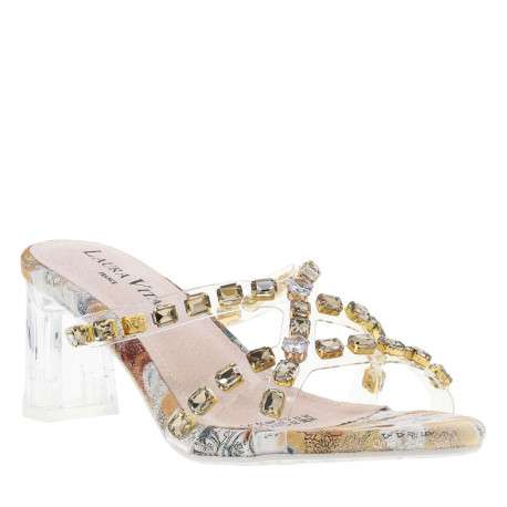 Mules dorées à talon décroché haut avec semelle imprimée à motif floral - Image 3