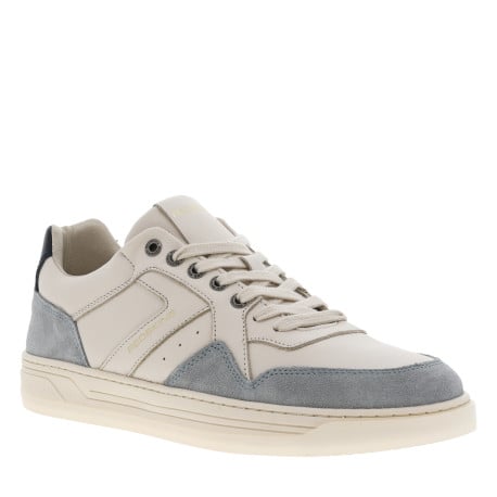 Tennis en cuir blanches et bleues à semelle translucide avec logos dorés