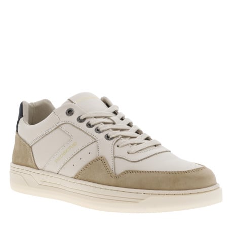 Tennis en cuir blanches et beiges avec logos dorés et semelle translucide