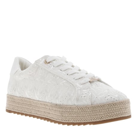 Espadrilles blanches en tissu avec semelle crantée beige et oeillets dorés