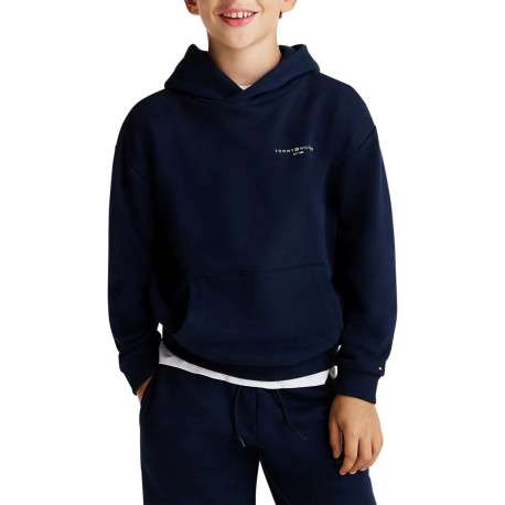 Sweat bleu marine à capuche en coton mélangé avec logo blanc et coupe droite - Image 4