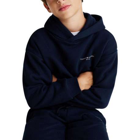 Sweat bleu marine à capuche en coton mélangé avec logo blanc et coupe droite - Image 5