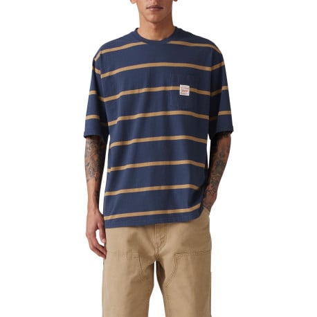 T-shirt en coton bleu marine à rayures camel et à coupe oversize avec une poche