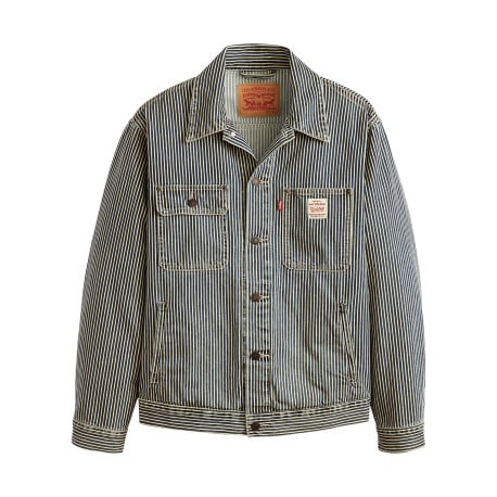 Blouson en jean en coton bleu à rayures avec un col à revers et des poches