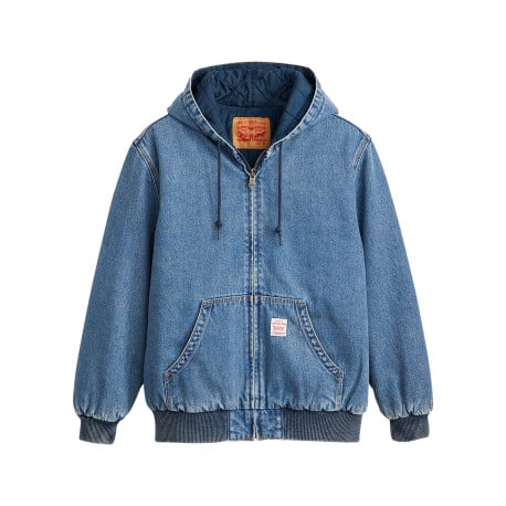 Blouson en jean bleu uni avec une coupe droite et un col à capuche