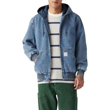 Blouson en jean bleu uni avec une coupe droite et un col à capuche - Image 7