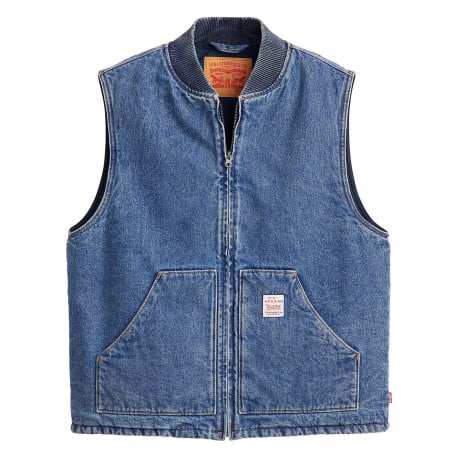 Blouson en jean sans manches en coton bleu uni avec un col bomber et des poches