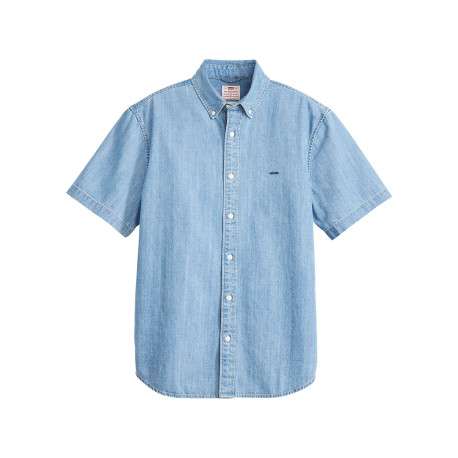 Chemise denim manches courtes en coton bleue ciel unie à coupe oversize