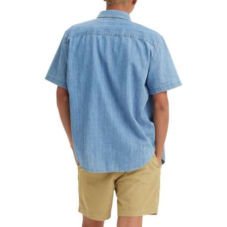 Chemise denim manches courtes en coton bleue ciel unie à coupe oversize - Image 2
