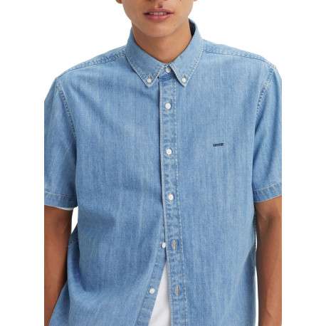 Chemise denim manches courtes en coton bleue ciel unie à coupe oversize - Image 3
