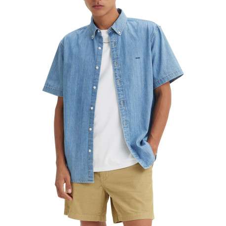 Chemise denim manches courtes en coton bleue ciel unie à coupe oversize - Image 4