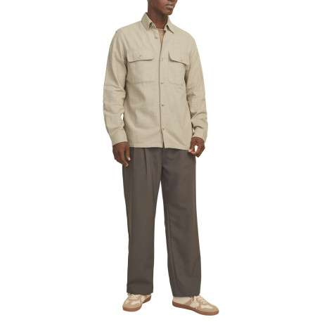 Surchemise beige unie en coton à coupe droite avec col à revers et 2 poches - Image 3