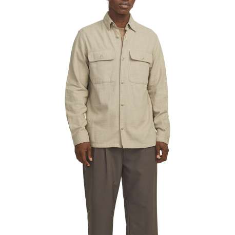 Surchemise beige unie en coton à coupe droite avec col à revers et 2 poches - Image 5