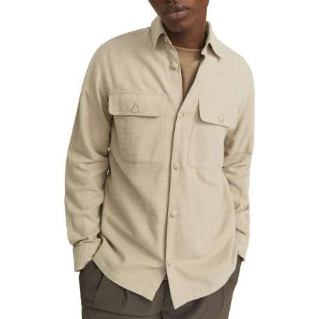Surchemise beige unie en coton à coupe droite avec col à revers et 2 poches - Image 6