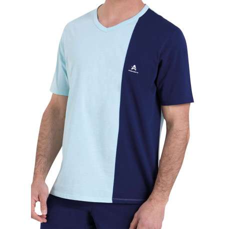 Pyjama court en coton bleu bicolore à coupe droite avec un col v - Image 3