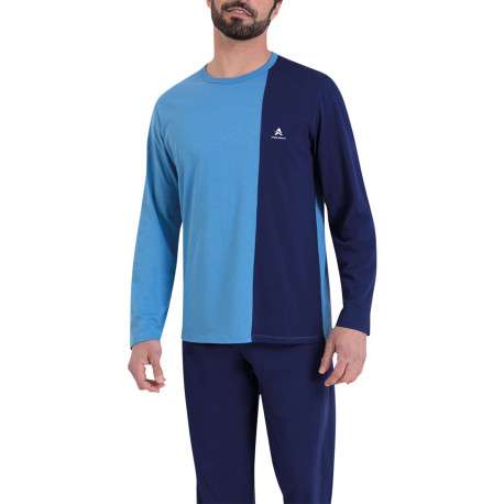 Pyjama long en coton bleu bicolore avec un col rond et une coupe droite