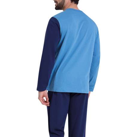 Pyjama long en coton bleu bicolore avec un col rond et une coupe droite - Image 2