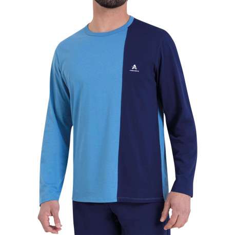 Pyjama long en coton bleu bicolore avec un col rond et une coupe droite - Image 3