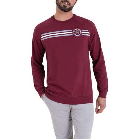 Pyjama long en coton bordeaux avec une coupe droite et un logo blanc imprimé