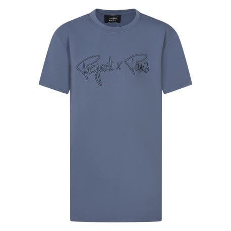 T-shirt bleu uni avec une coupe droite à col rond et des manches courtes