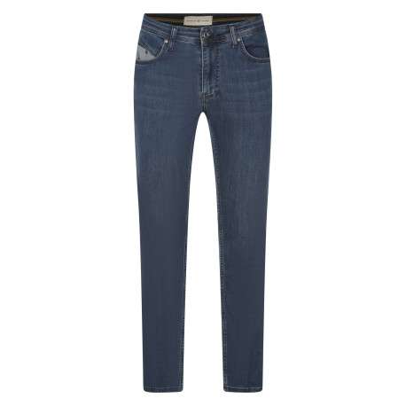 Jean en coton indigo uni avec logo brodé et passants pour ceinture