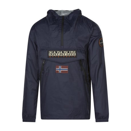 Coupe-vent à capuche bleu marine uni avec un col zippé et une coupe regular fit
