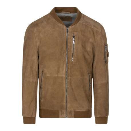 Bomber en cuir de mouton camel uni avec une coupe droite et un col à capuche