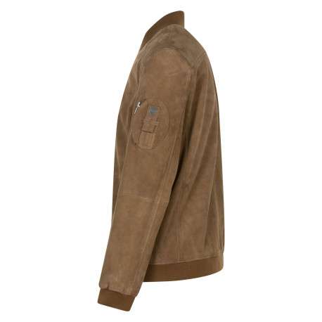 Bomber en cuir de mouton camel uni avec une coupe droite et un col à capuche - Image 3