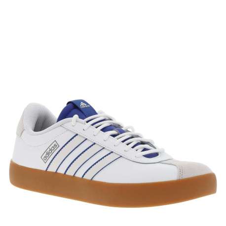 Tennis en cuir blanches et bleues à semelle marron avec lacets ronds tressés - Image 3