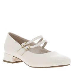 Ballerines blanches vernies avec 2 boucles à ardillon et talon décroché bas