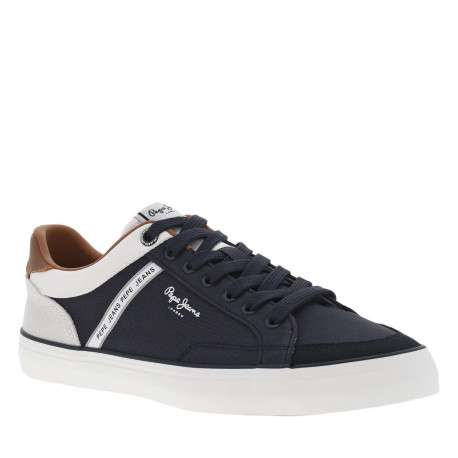 Tennis marines en cuir toile basse avec lacets plats, logo blanc et talon plat - Image 3