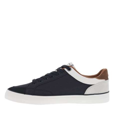 Tennis marines en cuir toile basse avec lacets plats, logo blanc et talon plat