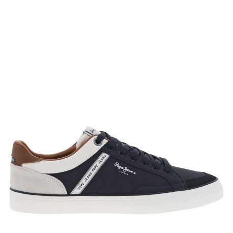 Tennis marines en cuir toile basse avec lacets plats, logo blanc et talon plat - Image 2