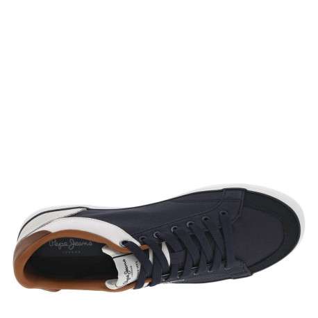 Tennis marines en cuir toile basse avec lacets plats, logo blanc et talon plat - Image 4