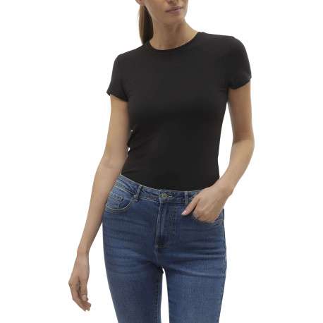 T-shirt noir uni avec une coupe près du corps et un col rond - Image 2